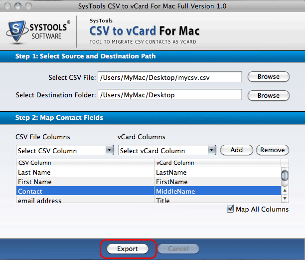 Export CSV contacts to vcard