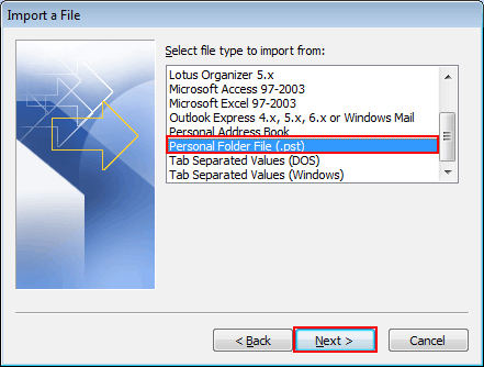 Select personal folder file