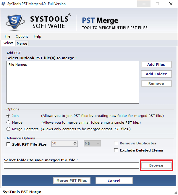 select browse location to save merged PST File