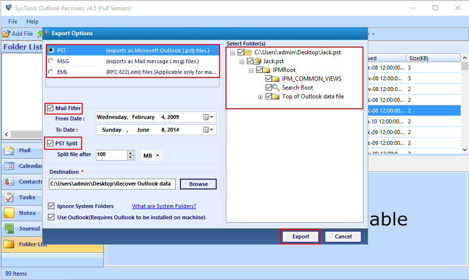 Export options for mailboxs