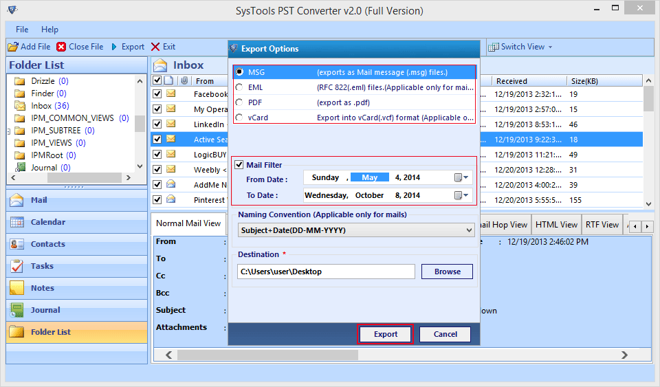 Export Options of PST Converter