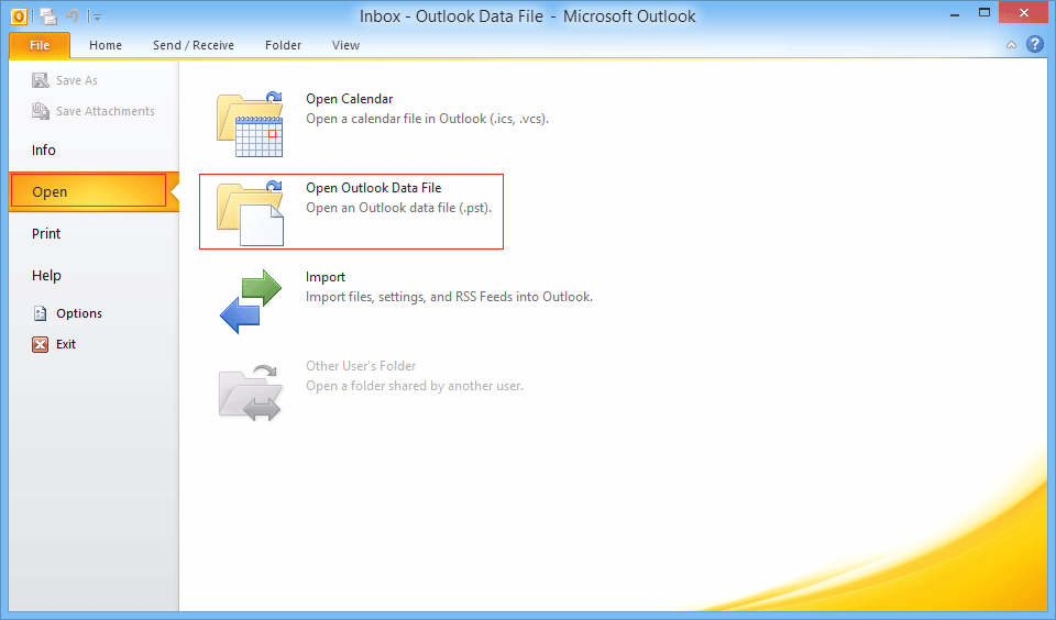 Open Outlook data file