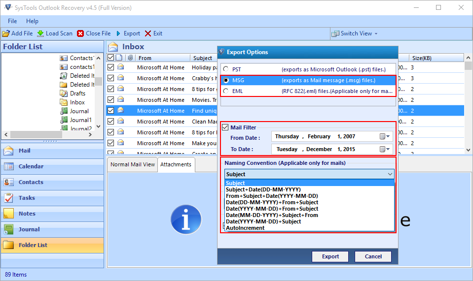 Select MSG and EML option