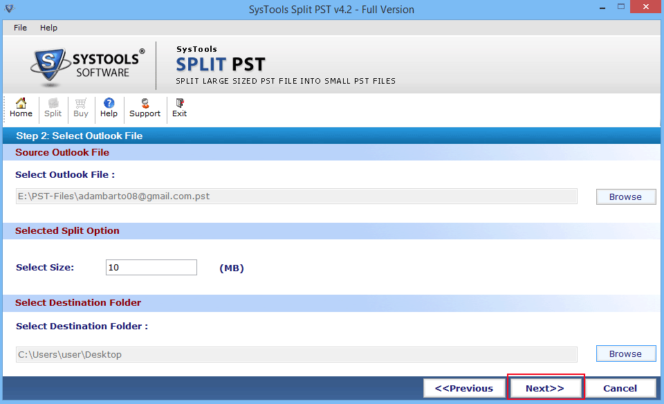 Split PST file process by folder